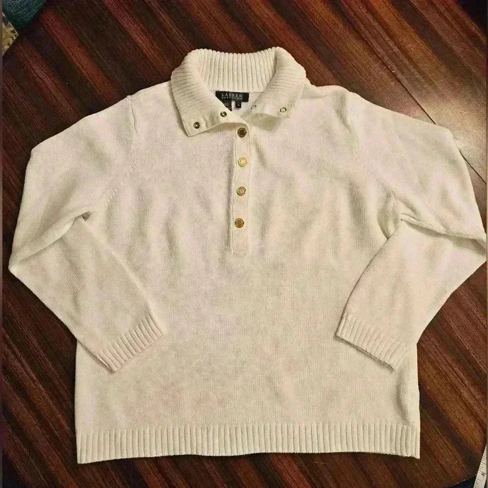 Lauren Ralph Lauren White Cotton Cropped Polo Knit Sweater Plus Womens 1X EUC - Picture 8 of 15